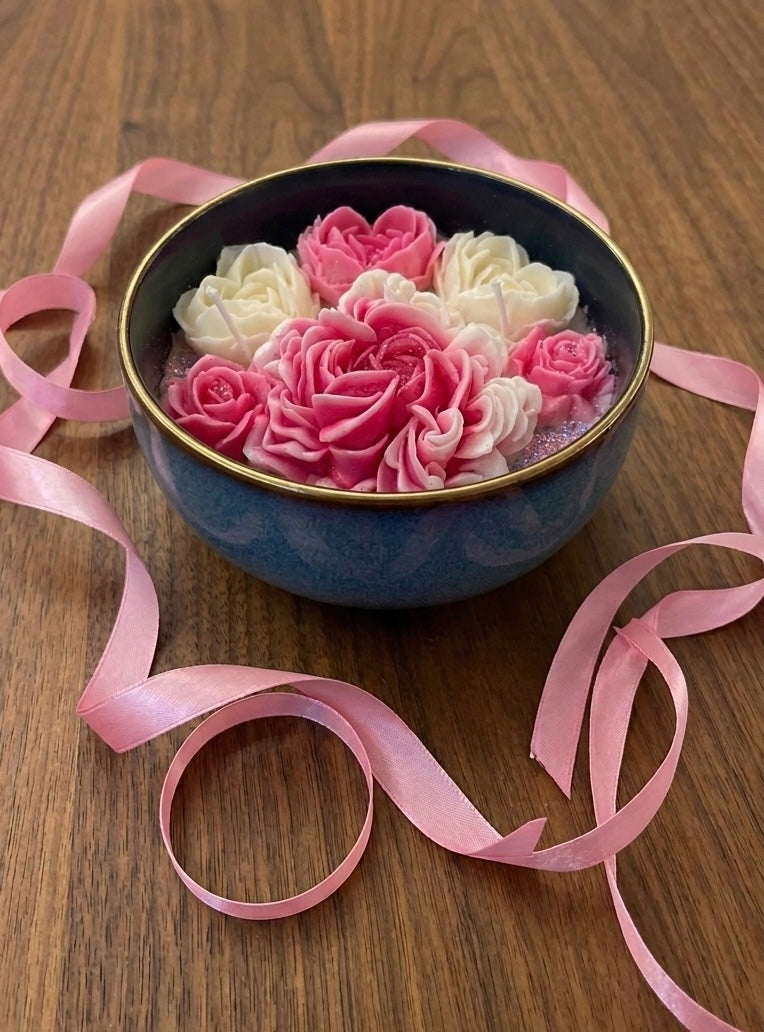 Artisanal Japanese Magnolia Rose Bouquet Candle in a Ceramic Bowl