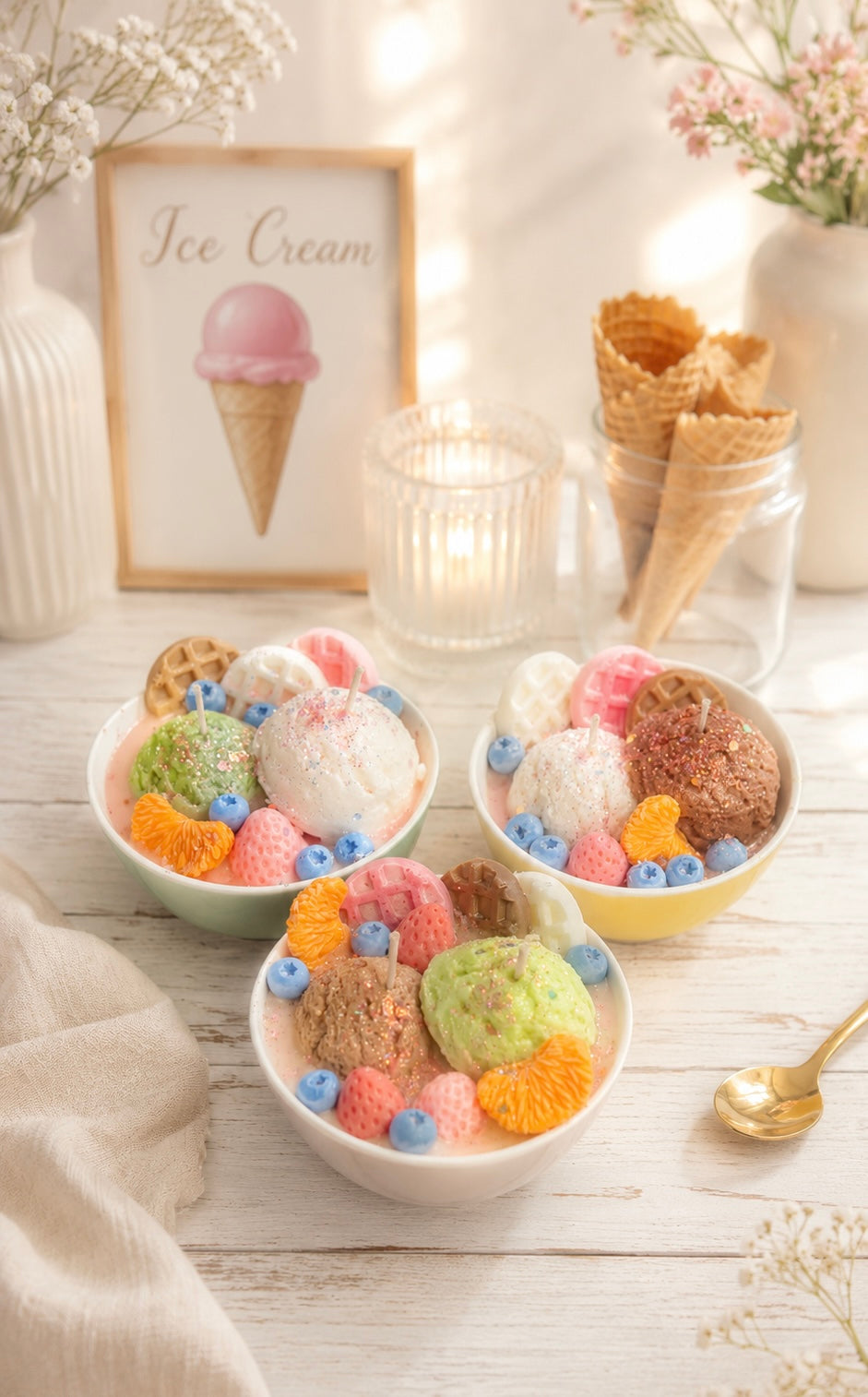 ❤️🎁🍦 🪻set of 3 - Vanilla Coffee Ice Cream Candles 🍦🎁❤️