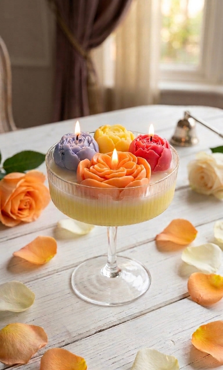 Amber Romance Floral Coupe Candle: Organic Soy Wax Luxury