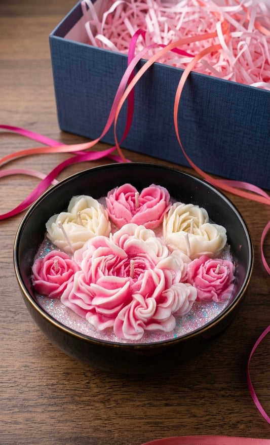Artisanal Japanese Magnolia Rose Bouquet Candle in a Ceramic Bowl